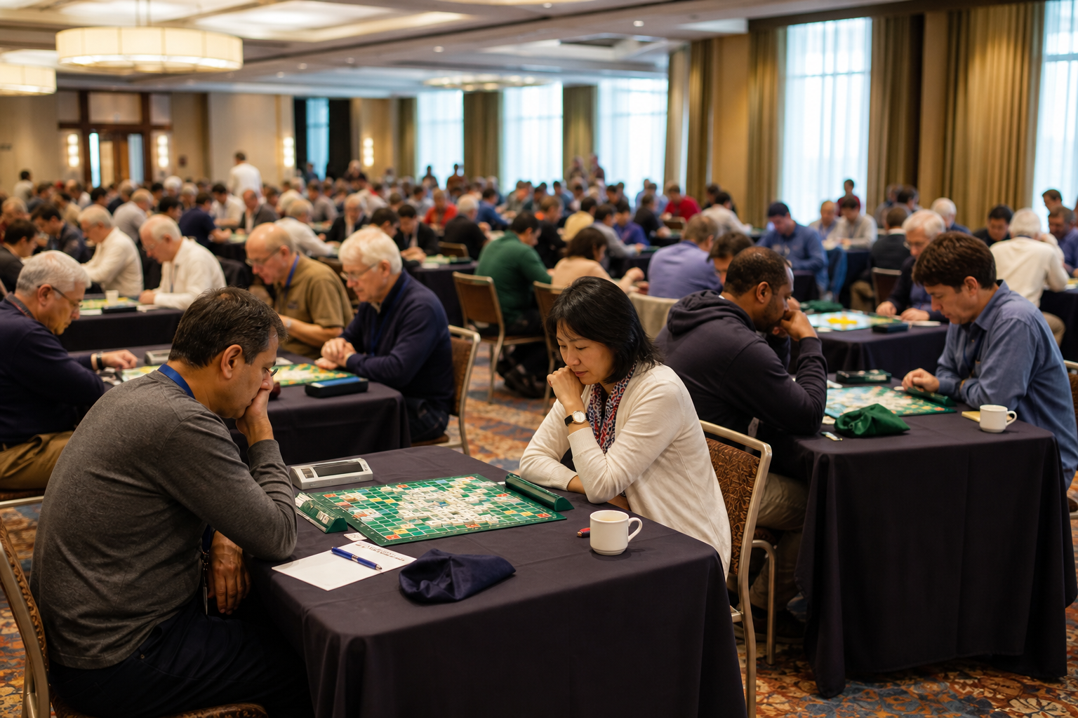 Players competing at an international word-game tournament in a hotel conference hall